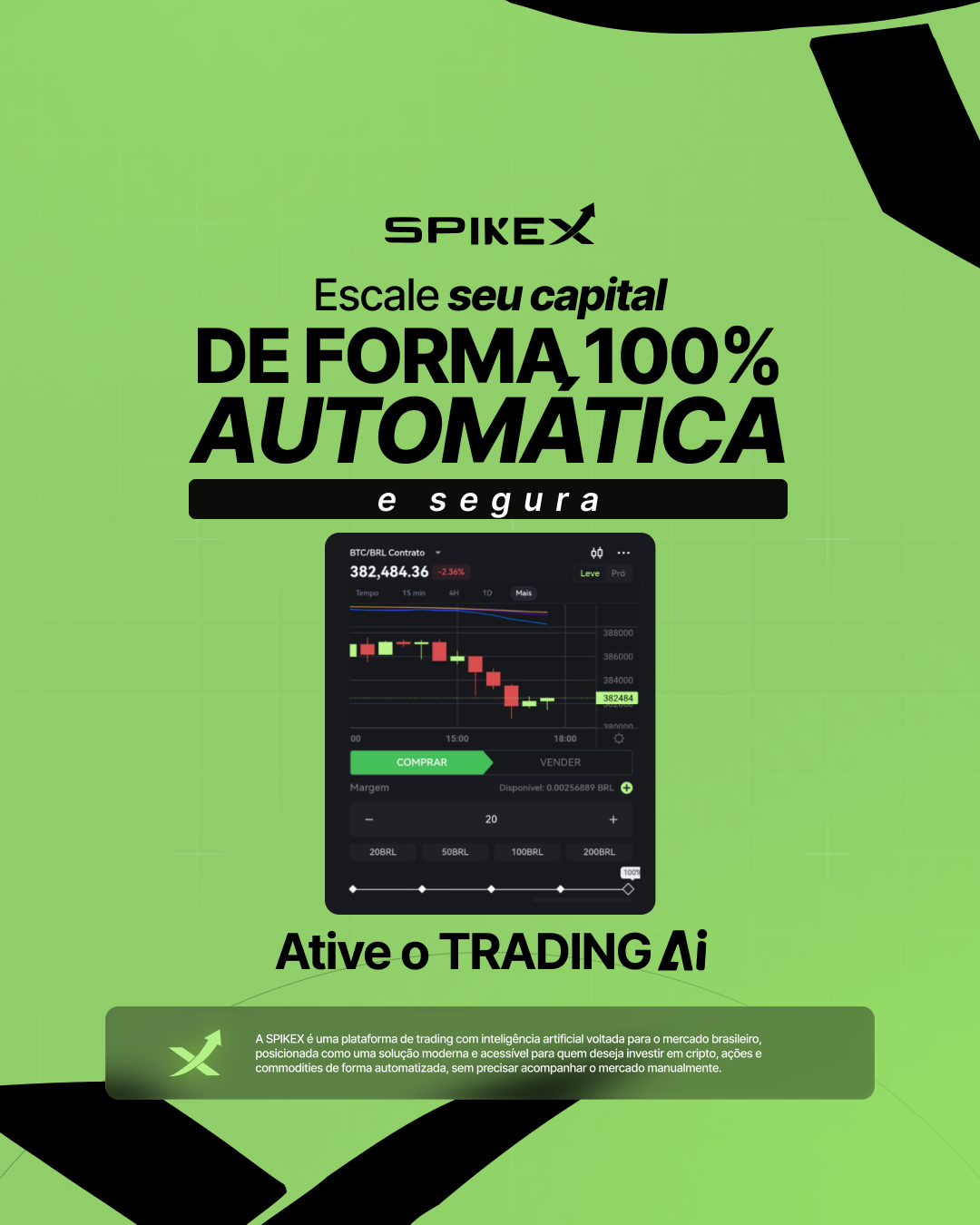 Criativo da plataforma SPIKEX mostrando trading automático com IA